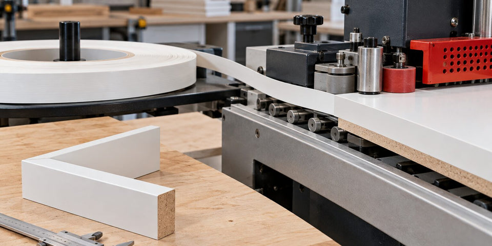 White MDF panel and plastic edge banding at a machine-application workstation