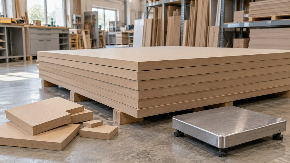 Raw MDF sheets supported on a pallet beside MDF offcuts and a plain metal platform scale.