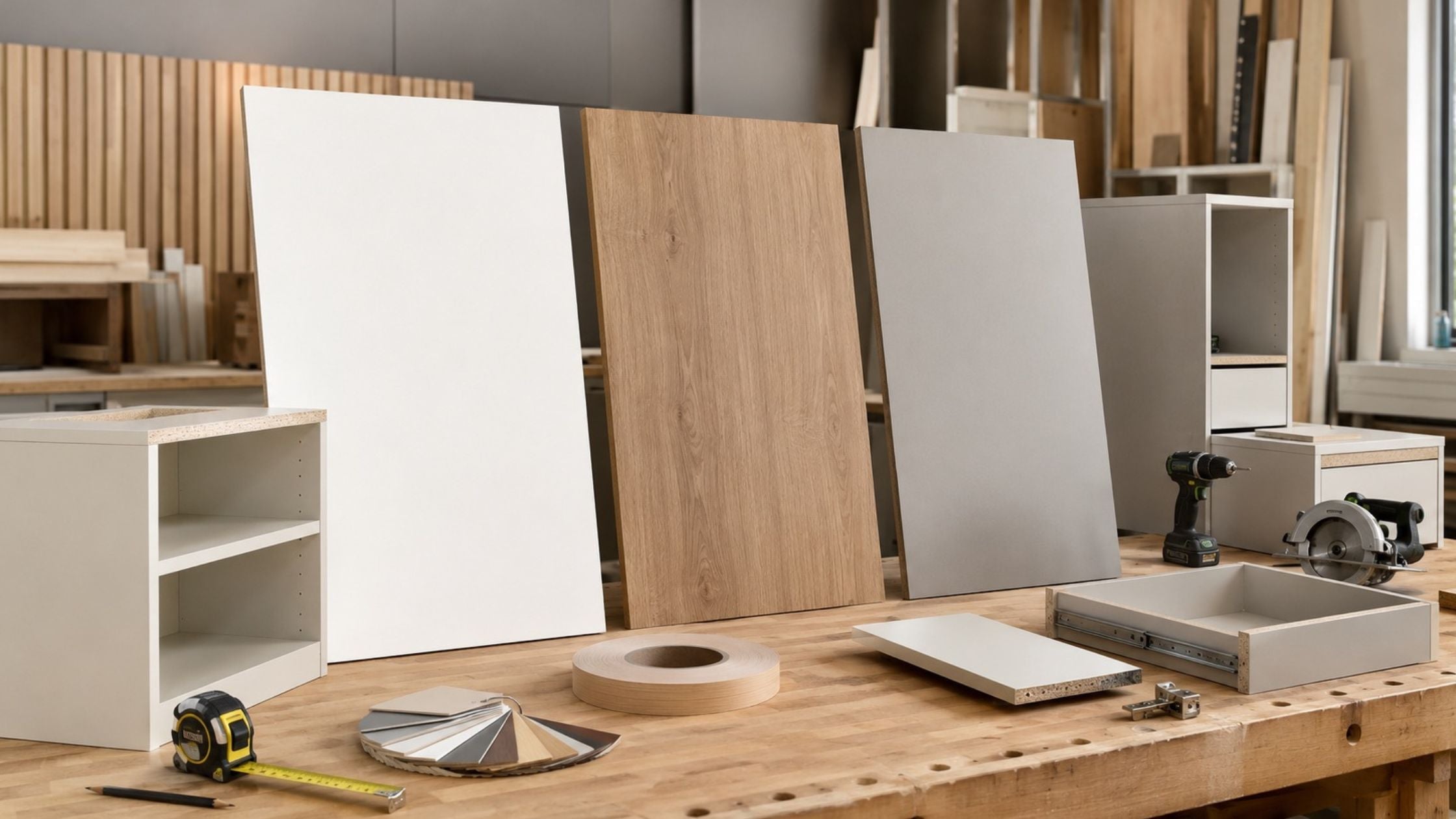 White, wood-tone, and light gray melamine sheets displayed with cabinet boxes, drawer parts, edge banding, and woodworking tools in a professional cabinet shop.