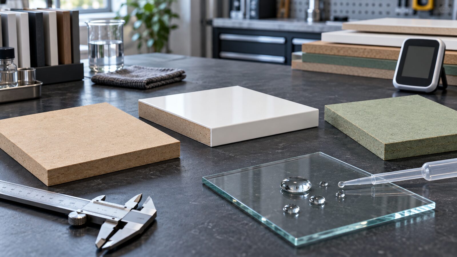 Raw, acrylic-faced and moisture-resistant MDF samples in a materials workspace