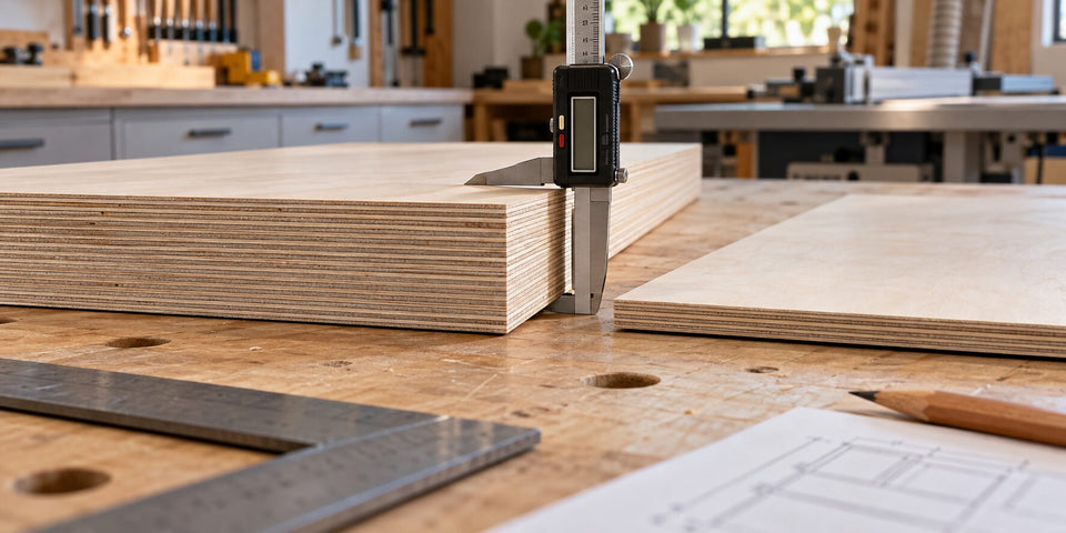 Extra-thick plywood panels measured with a caliper on a cabinet-shop bench