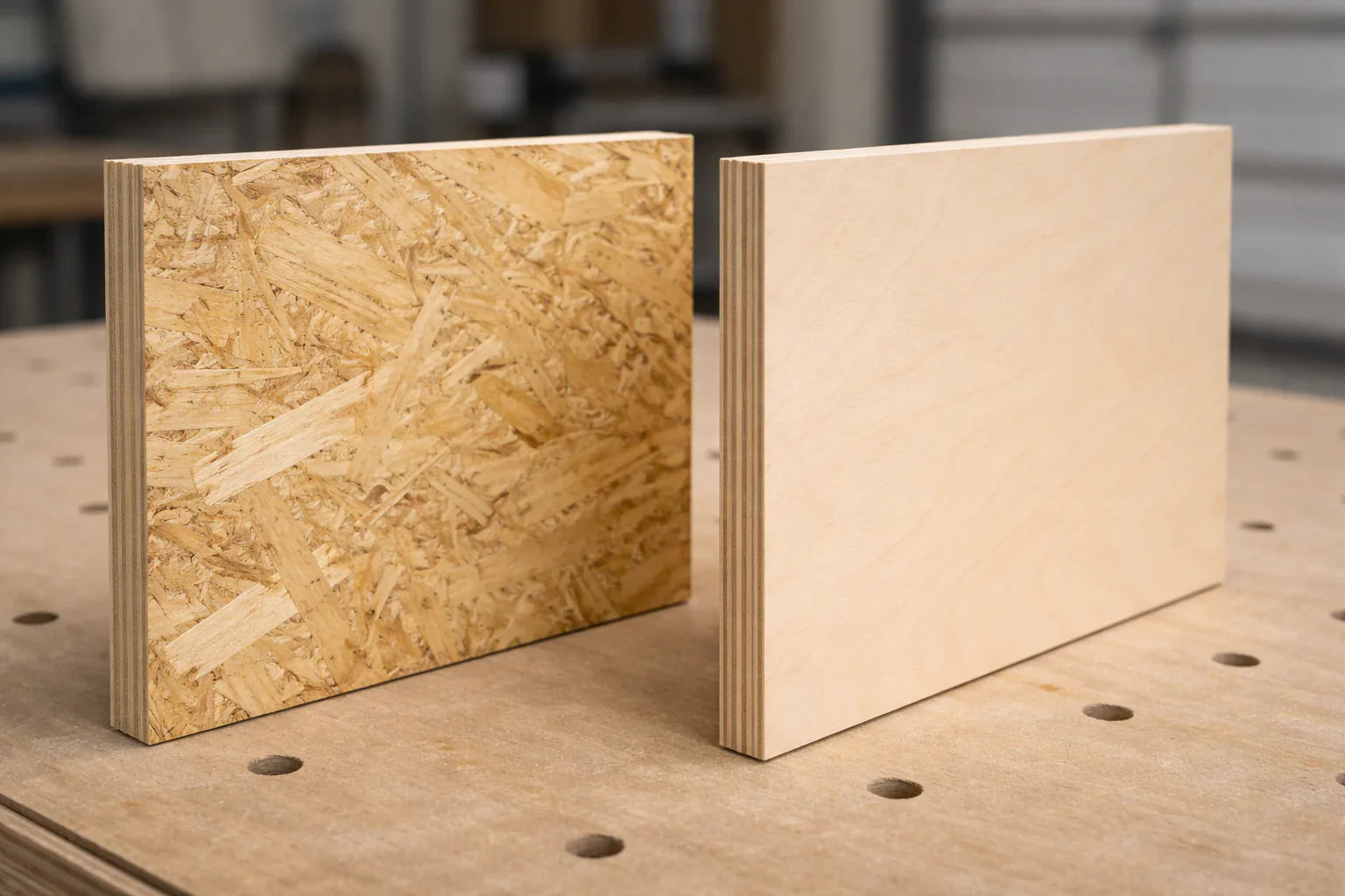OSB panel and plywood panel standing side by side on a workbench, showing the rough strand surface of OSB and the smooth layered edge of plywood