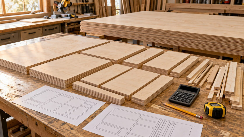 Plywood cabinet parts, narrow offcuts, cut-layout sheets and a calculator arranged for project cost planning.