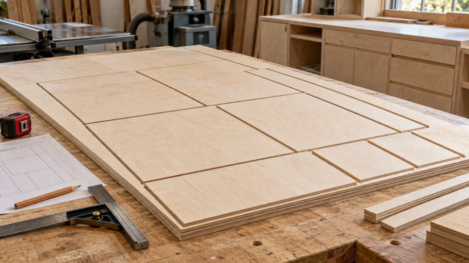 Birch plywood sheet with nested cabinet parts on a workshop bench