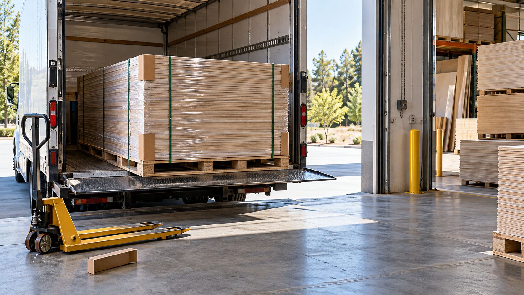 Wrapped plywood pallet positioned at a box-truck receiving bay with a pallet jack and clear unloading area.