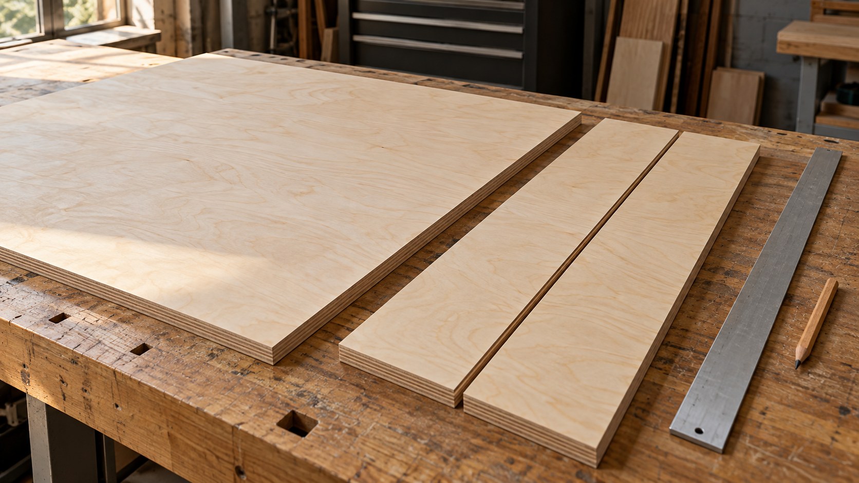 Birch plywood panel and narrow strips separated by a saw-width gap on a cabinet-shop workbench.