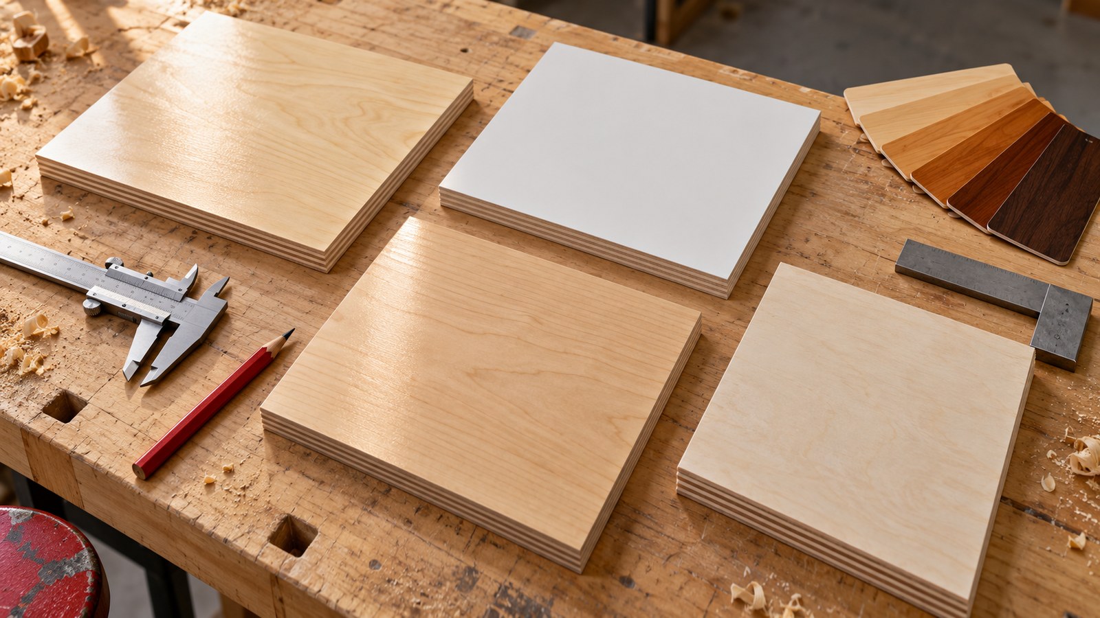 Birch, maple and white melamine plywood samples arranged with inspection tools