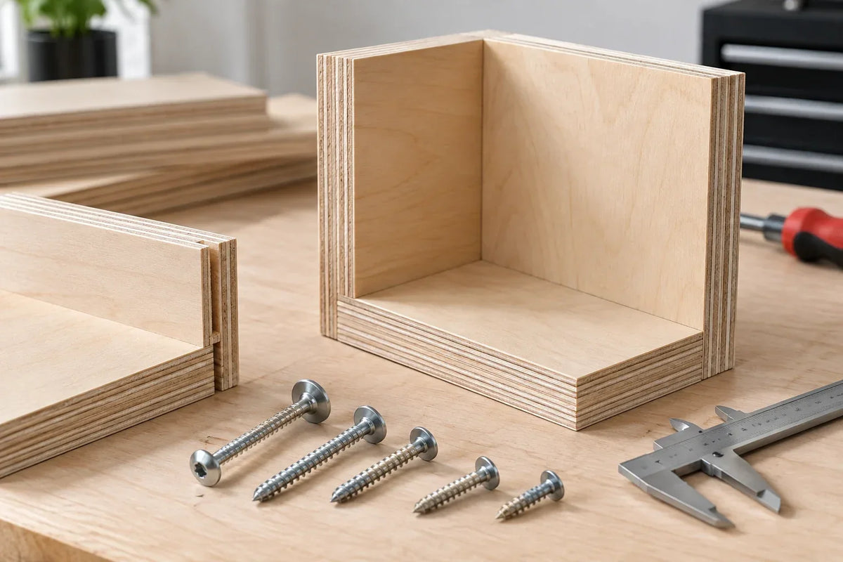 Birch plywood cabinet corner and grooved joint sample beside assembly screws and a caliper on a workbench.