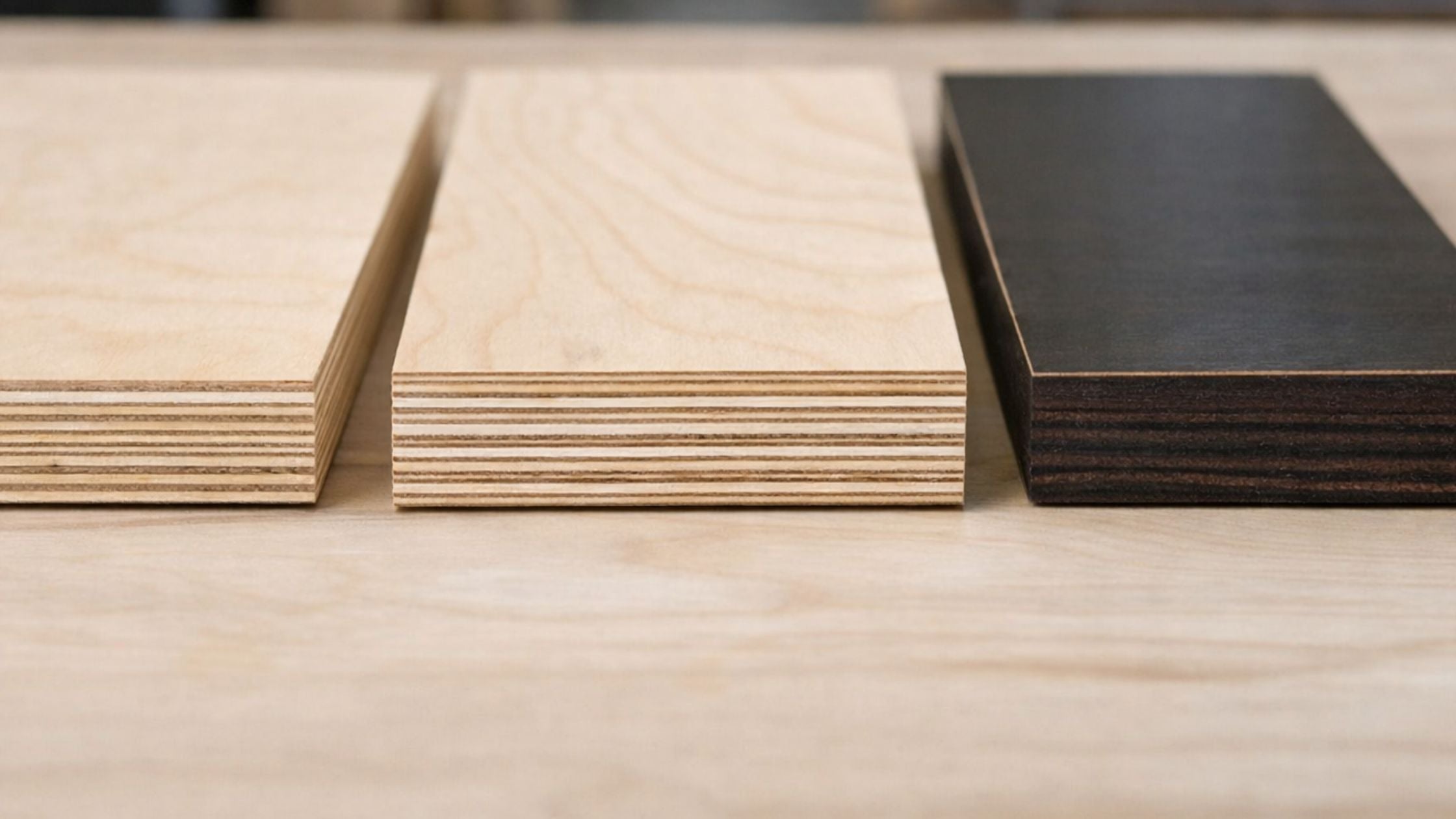 Three plywood shelf samples on a workbench showing standard veneer core, multi-ply Baltic birch, and film-faced plywood with visible layered edges