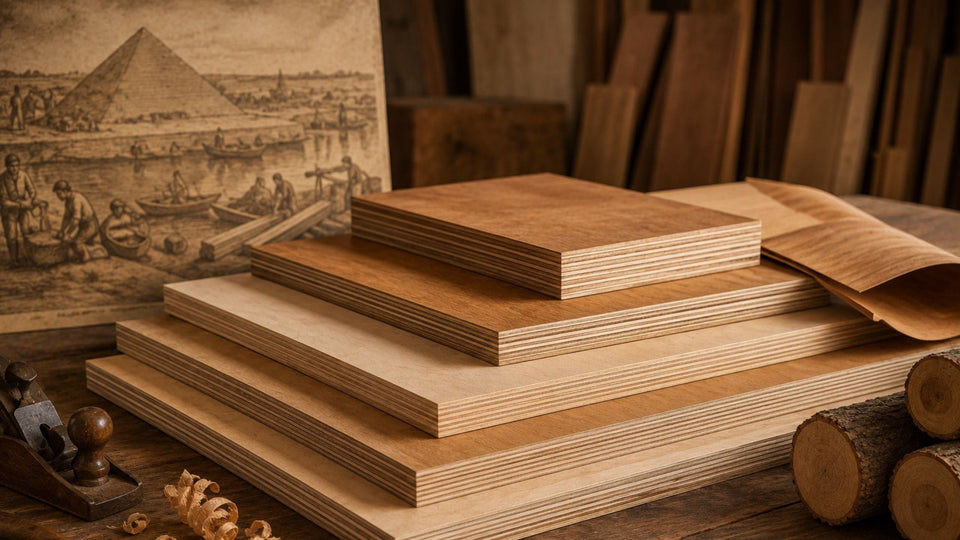 Stacked plywood sheets in a woodworking shop with traditional woodworking tools and a historical illustration, representing the history and evolution of plywood manufacturing.
