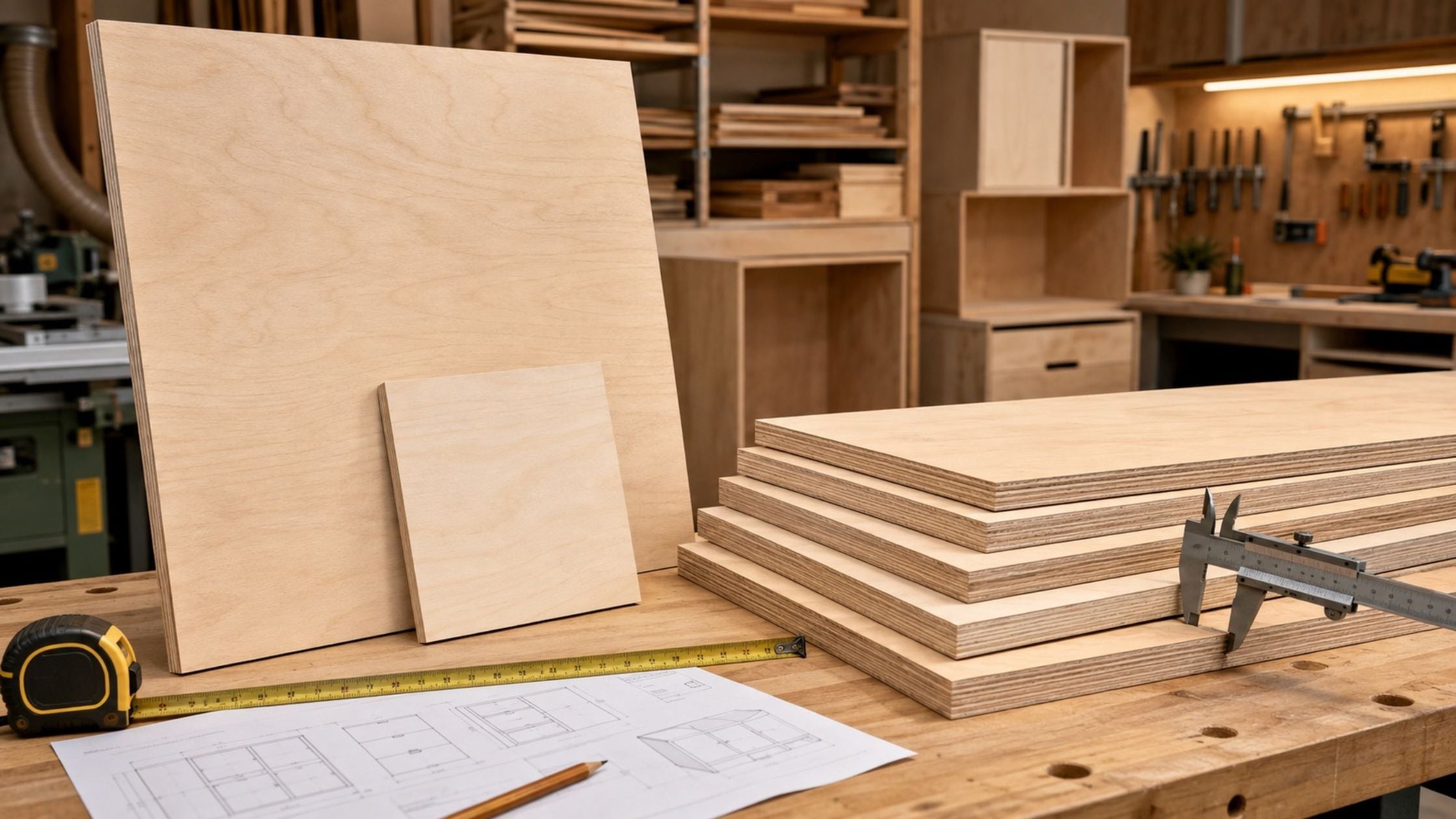Plywood sheets in different sizes and thicknesses on a woodworking bench with a tape measure, caliper, cabinet plans, and unfinished cabinet boxes in the background.