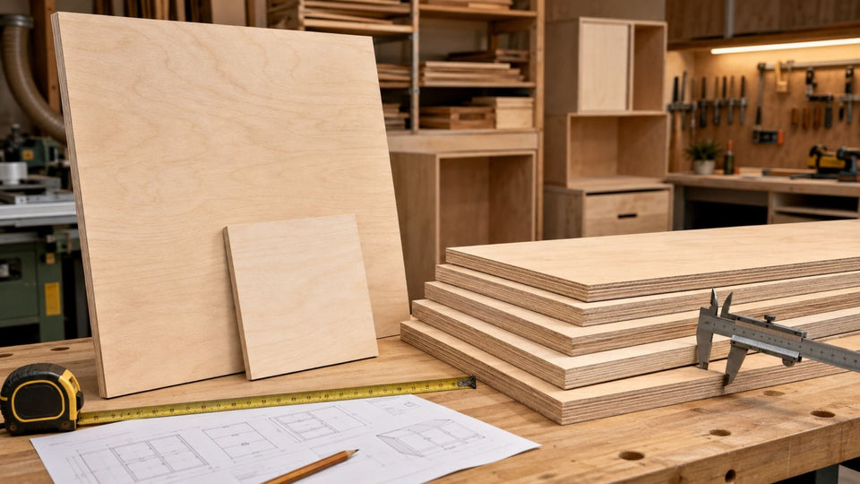 Plywood sheets in different sizes and thicknesses on a woodworking bench with a tape measure, caliper, cabinet plans, and unfinished cabinet boxes in the background.