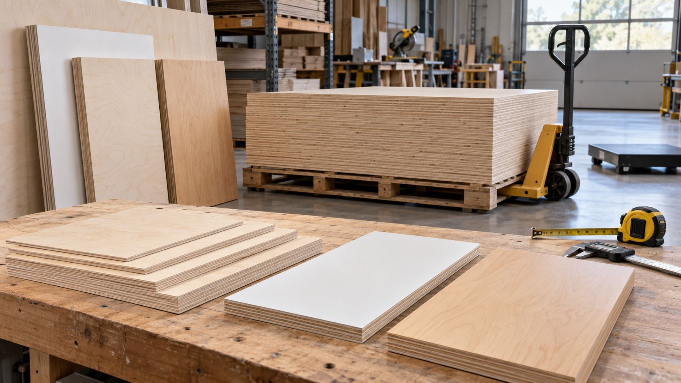 Plywood sheets in multiple thicknesses and finishes displayed on a workshop table with a stacked pallet, tape measure, and pallet jack for plywood weight planning.