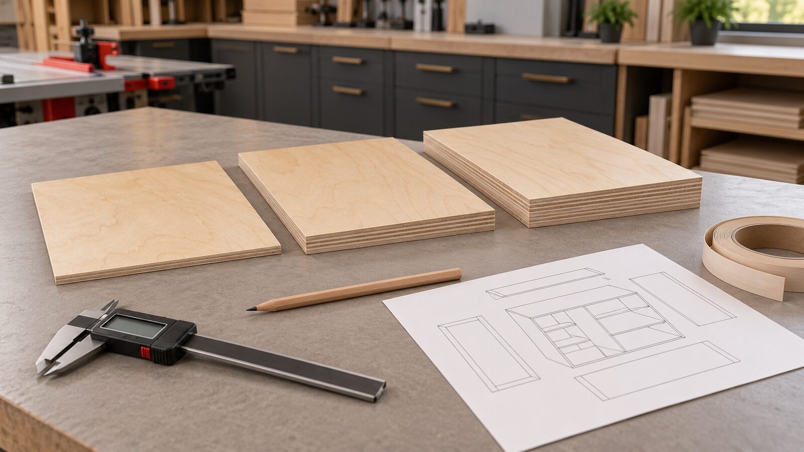 Three prefinished birch plywood samples arranged from thin to thick on a cabinet shop bench
