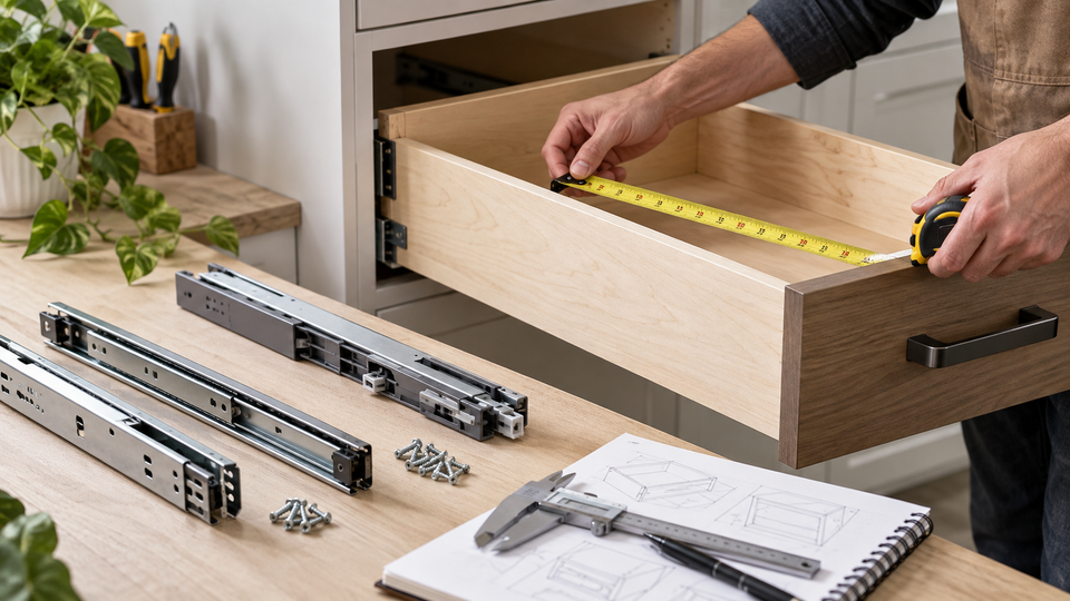 Measuring a drawer box for replacement soft-close drawer slides with slide hardware on a workbench