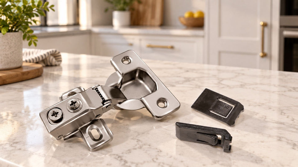Cabinet hinge restrictor clips and a concealed soft-close cabinet hinge displayed on a kitchen countertop for hinge compatibility and installation.