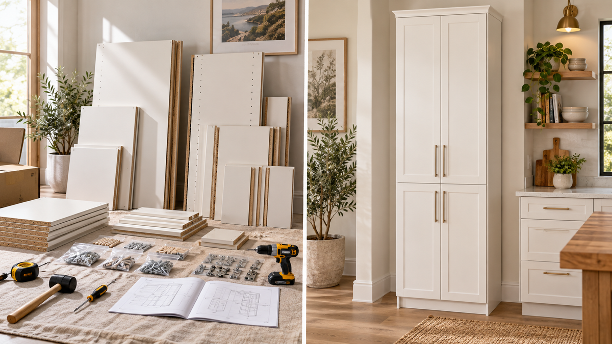 Flat-pack pantry cabinet panels and hardware beside a fully assembled pantry cabinet installed in a kitchen