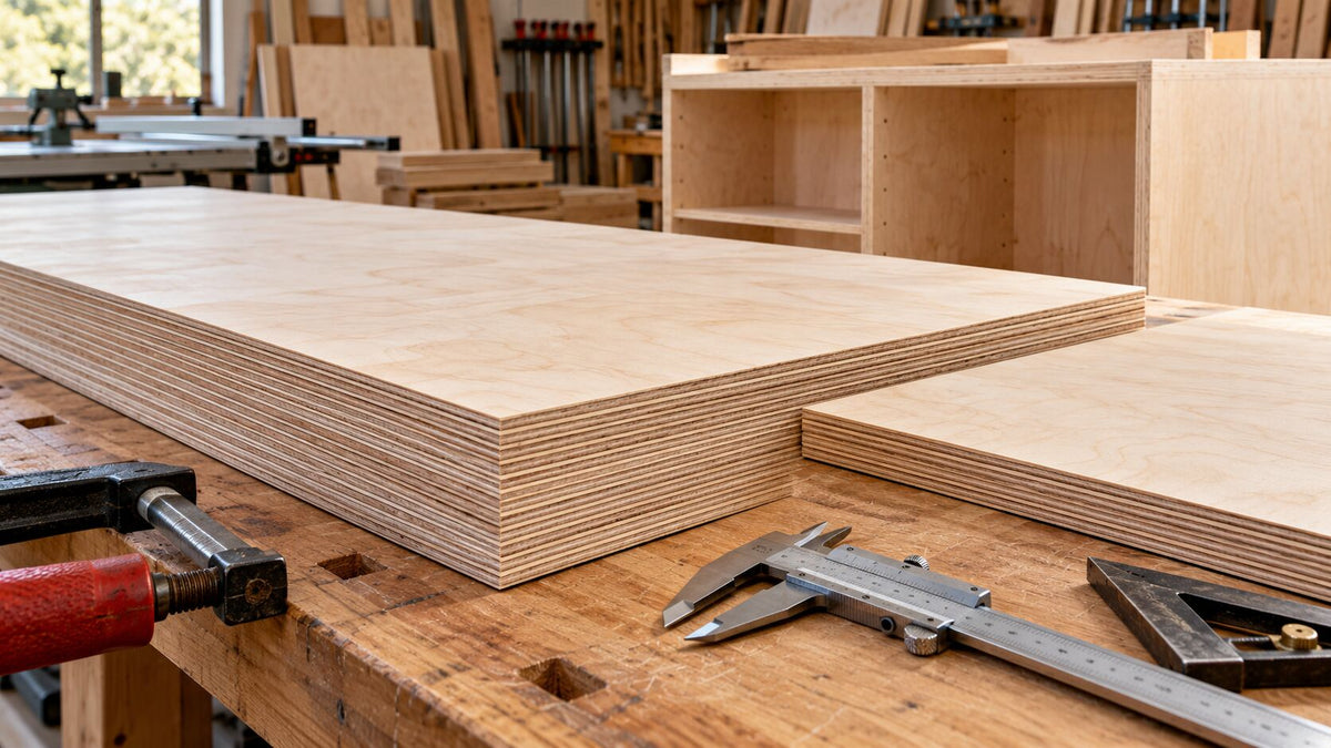 Extra-thick Baltic Birch plywood stack showing the 21 mm multi-ply edge beside a thinner comparison panel and caliper.
