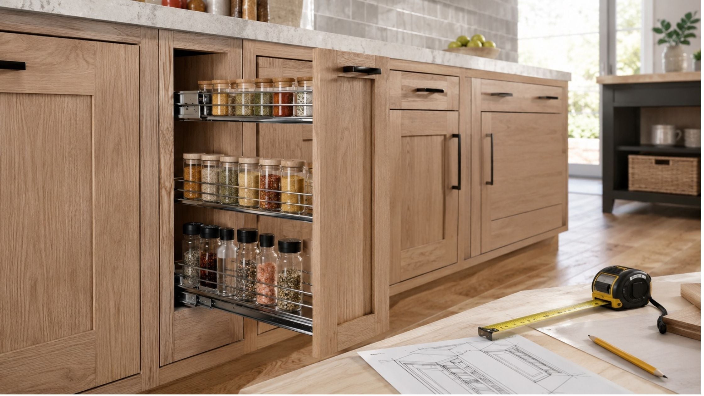 Pull-out spice rack installed in a narrow kitchen base cabinet with full-extension shelves, organized spice jars, and cabinet layout tools, illustrating cabinet width, clearance, and installation planning.