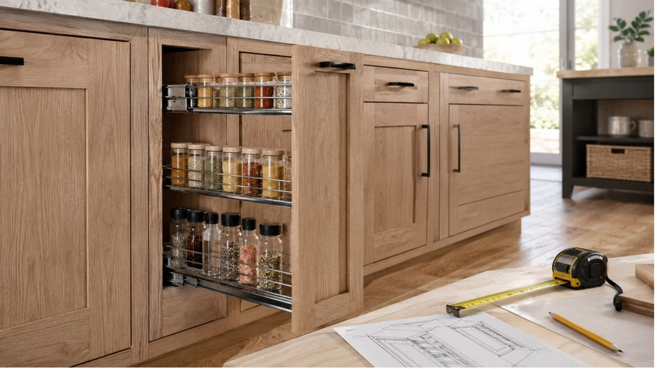 Pull-out spice rack installed in a narrow kitchen base cabinet with full-extension shelves, organized spice jars, and cabinet layout tools, illustrating cabinet width, clearance, and installation planning.