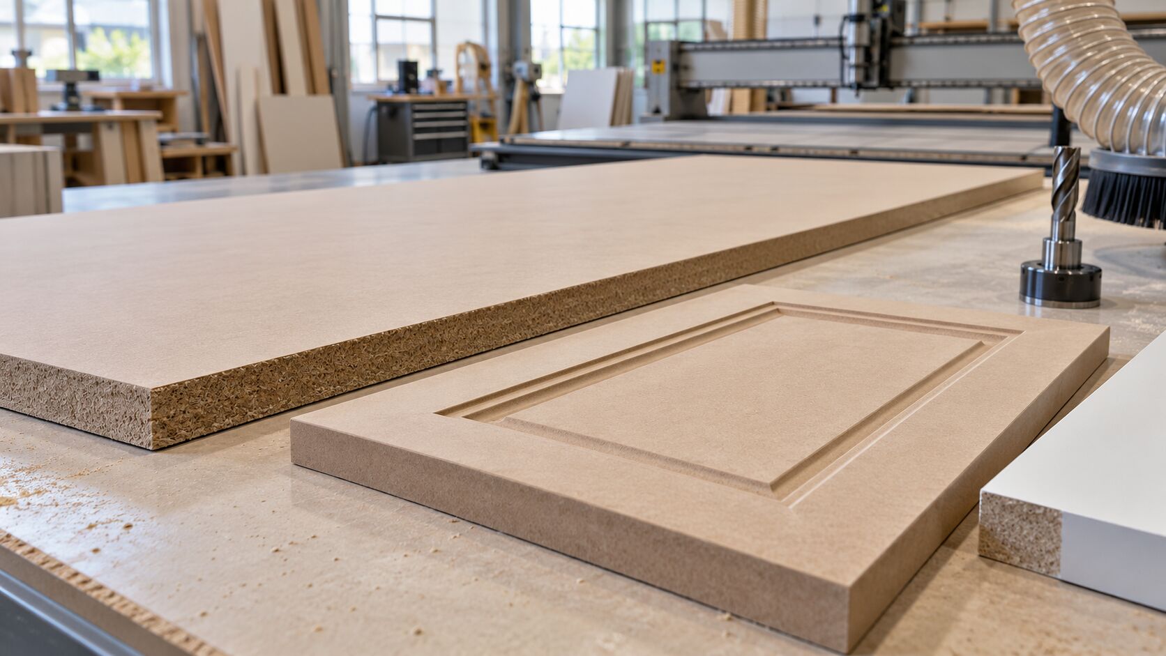 Raw unfinished MDF sheet and CNC-routed cabinet-door sample beside cutting tools and dust extraction in a cabinet shop.