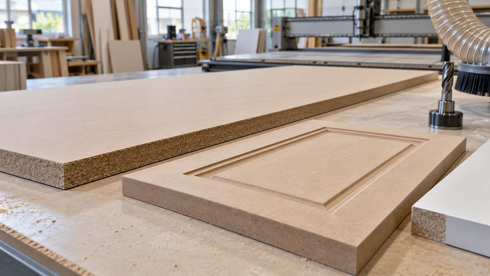 Raw unfinished MDF sheet and CNC-routed cabinet-door sample beside cutting tools and dust extraction in a cabinet shop.