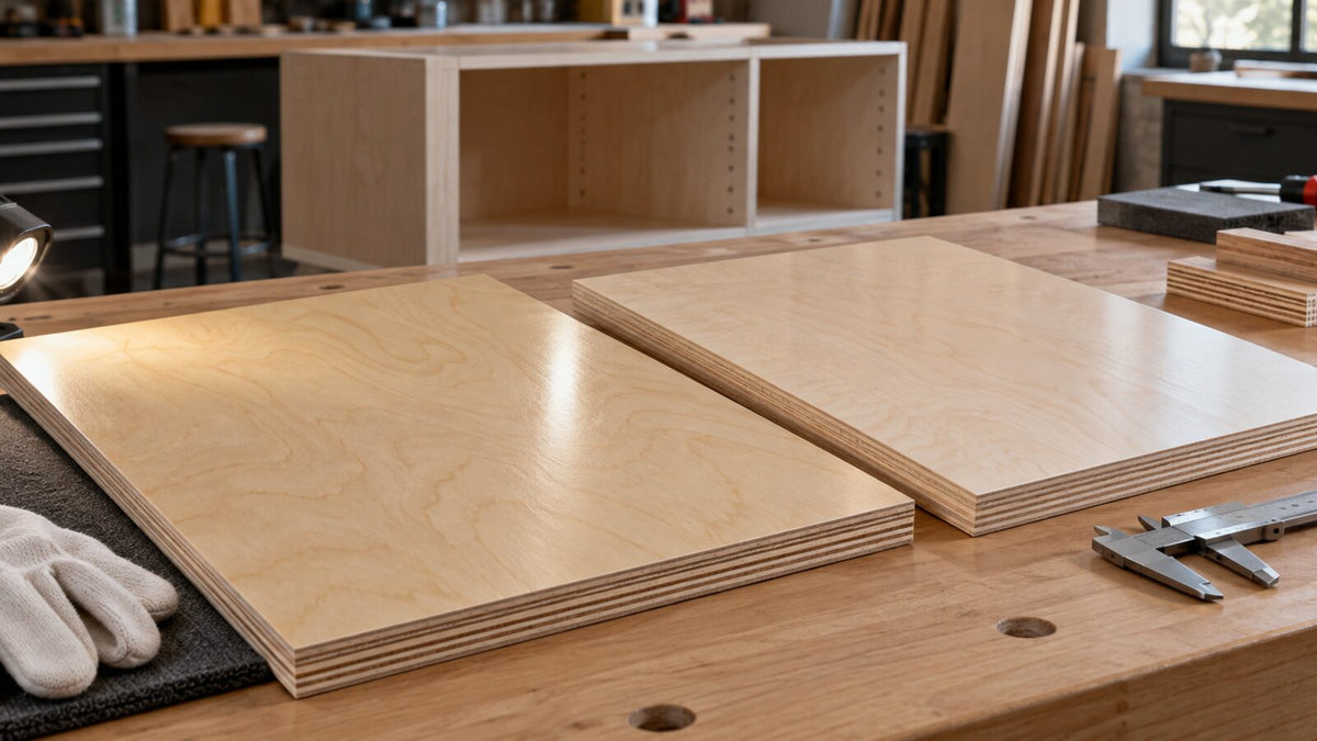 Clear-finished birch and maple plywood panels under raking shop light