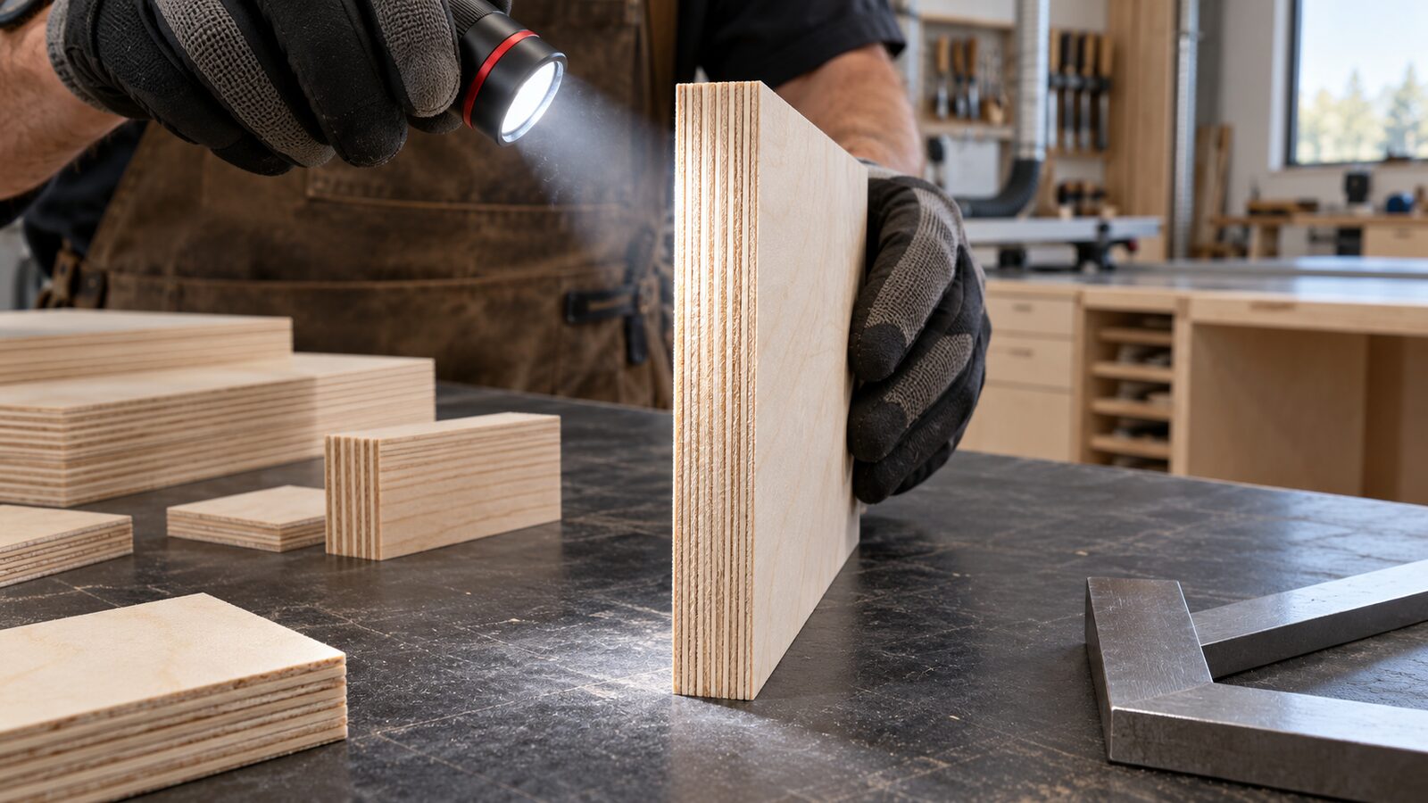 Cabinetmaker inspecting the exposed core of a Baltic birch plywood sample