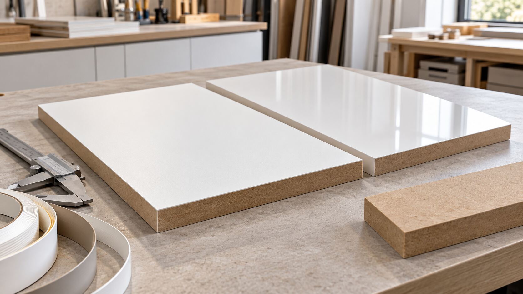 White matte and high-gloss acrylic MDF panels with exposed MDF edges, caliper and edge-banding samples on a cabinet-shop workbench.