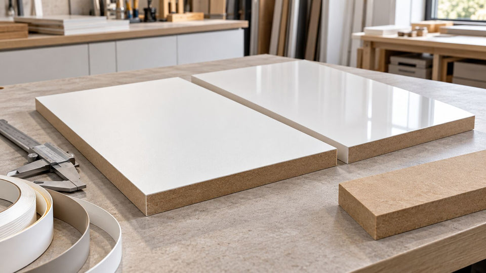 White matte and high-gloss acrylic MDF panels with exposed MDF edges, caliper and edge-banding samples on a cabinet-shop workbench.