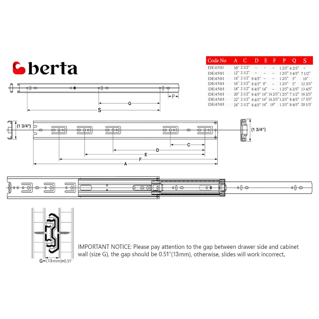 10 Pairs - 10-Inch Full Extension Ball Bearing Drawer Slides with Screws - Berta 