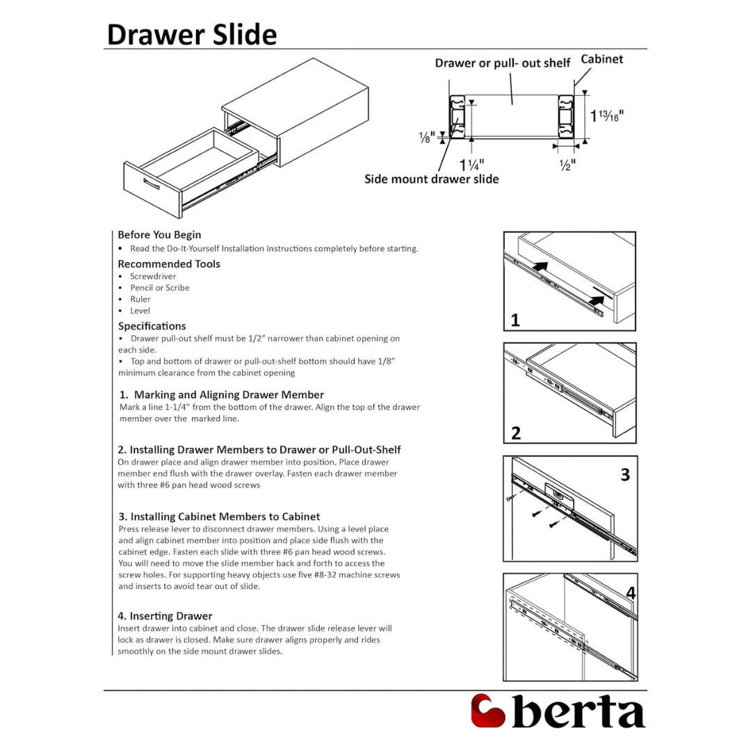 10 Pairs - 10-Inch Full Extension Ball Bearing Drawer Slides with Screws - Berta 