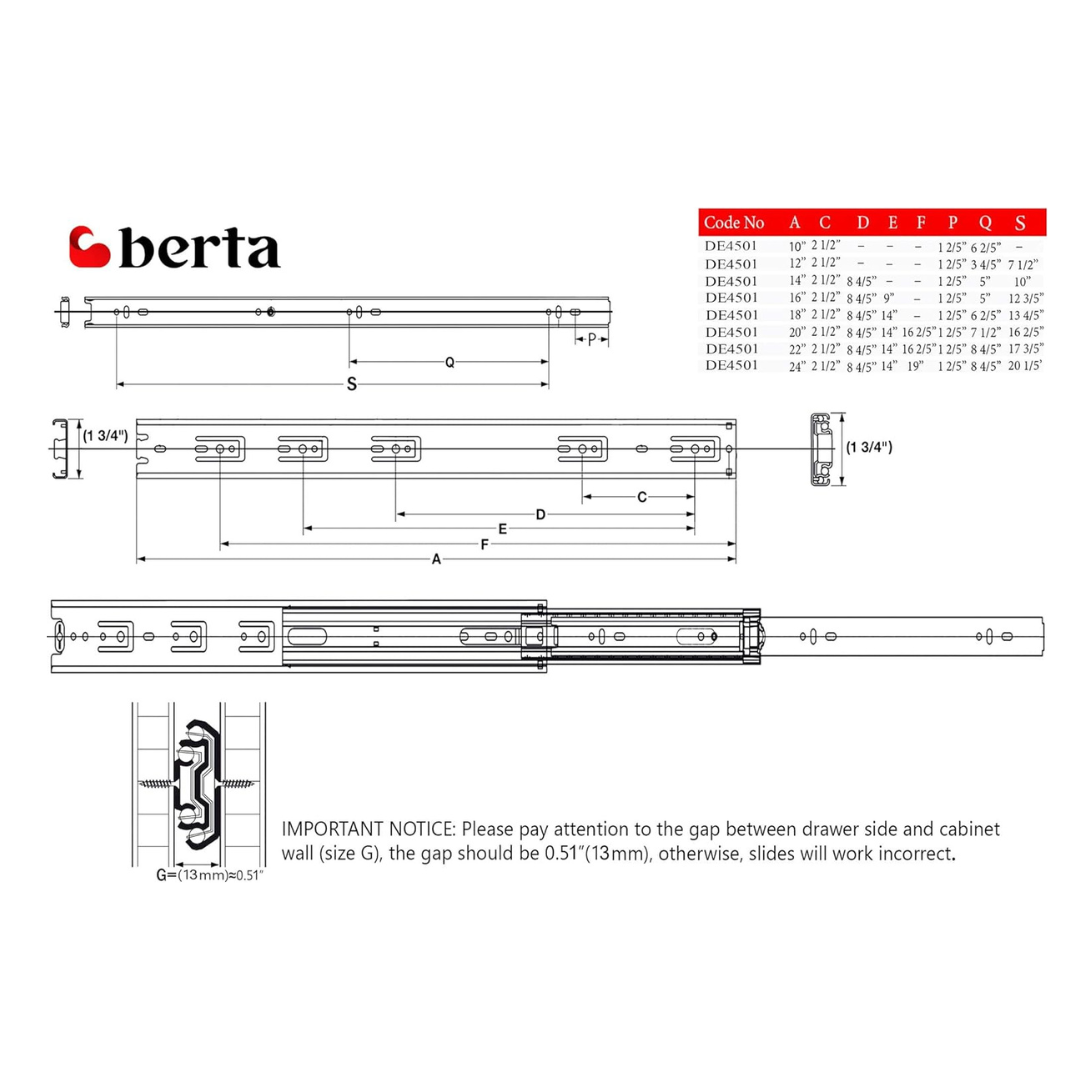 10 Pairs - 12-Inch Full Extension Ball Bearing Drawer Slides with Screws - Berta Store 