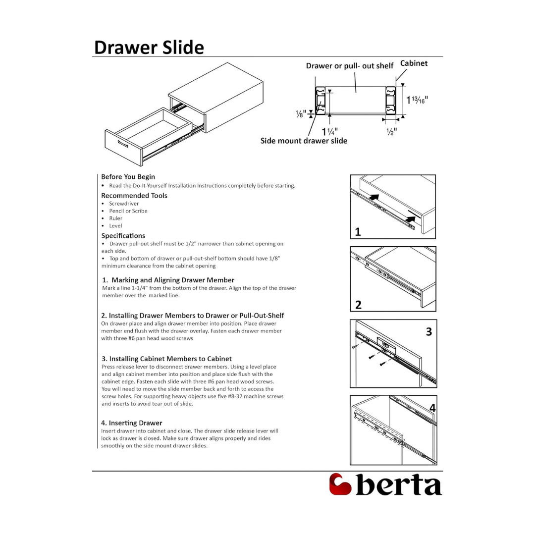 10 Pairs - 16-Inch Full Extension Ball Bearing Drawer Slides with Screws - Berta 