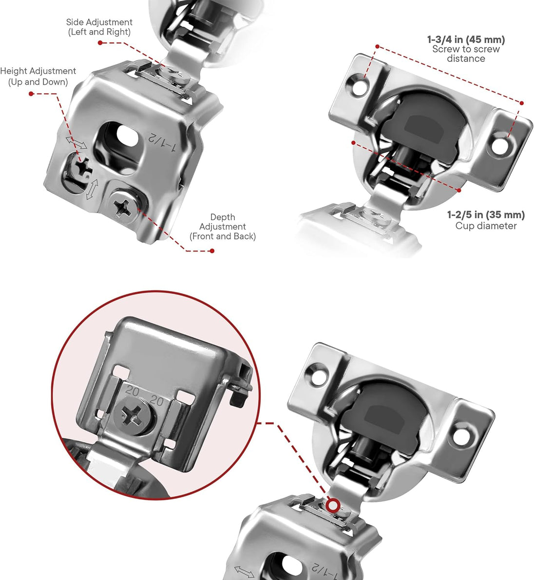 20 Pcs 105° Soft Close Hinges – Face Frame, 6-Way Adjustable Concealed - Berta Store