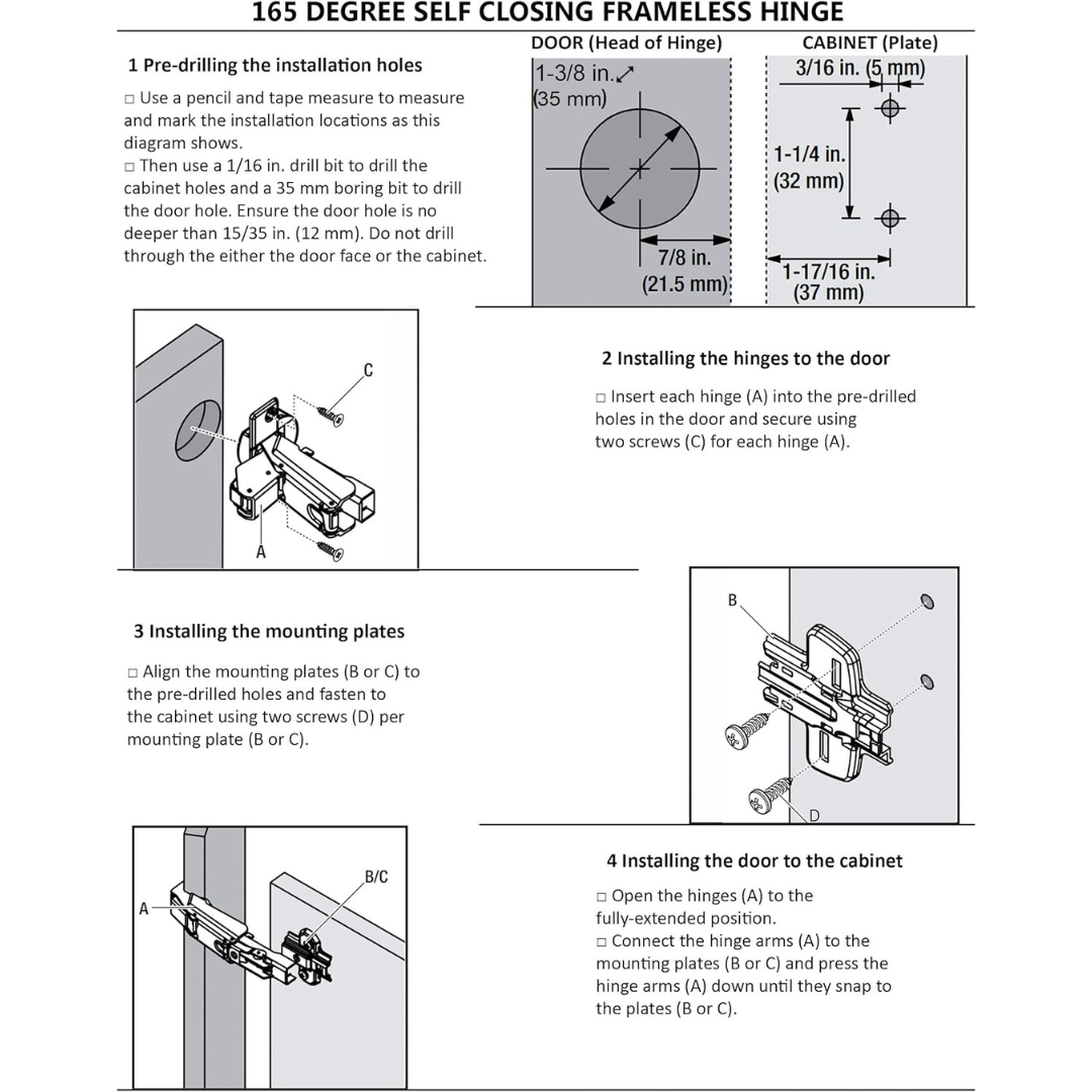 20 Pcs 165° Soft Close Hinges – Full Overlay Frameless for Kitchen & Wardrobe - Berta Store 