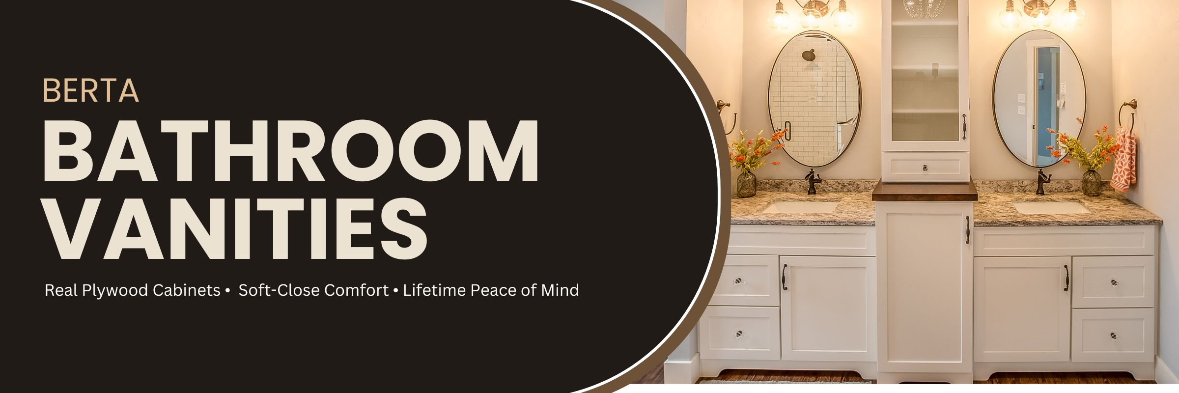 Modern bathroom with Berta white shaker bathroom vanities featuring double sinks, real plywood construction, soft-close hardware, and elegant storage cabinetry.