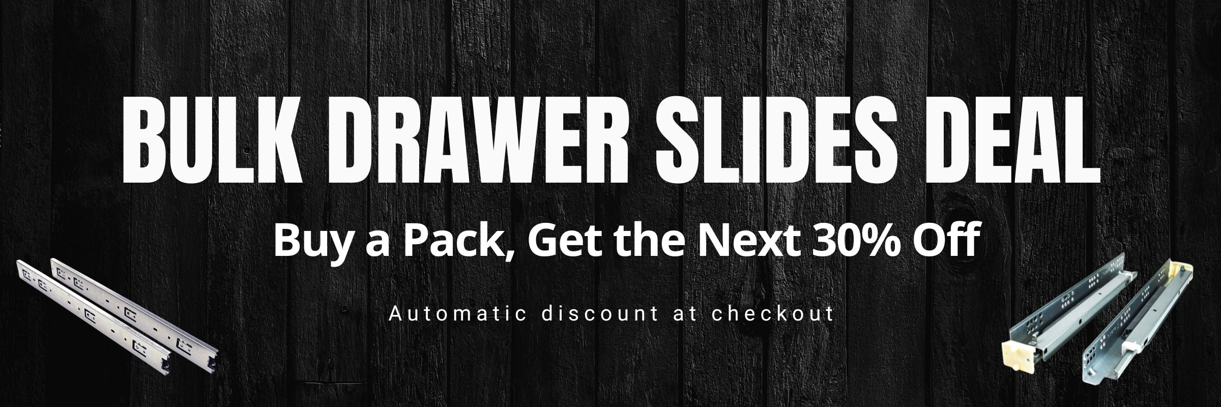 Promotional banner for drawer slides deal with text and images of slides on a red background.