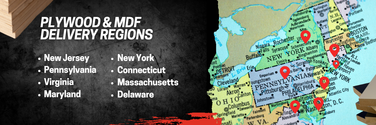 Map of the northeastern United States with Plywood & MDF delivery regions highlighted, including New Jersey, Pennsylvania, Virginia,Maryland, New York, Connecticut, Massachusetts, and Delaware. 