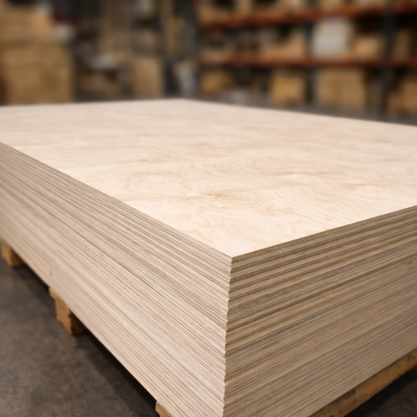 BB/BB Baltic Birch plywood stack close-up showing clean layered edges and uniform core