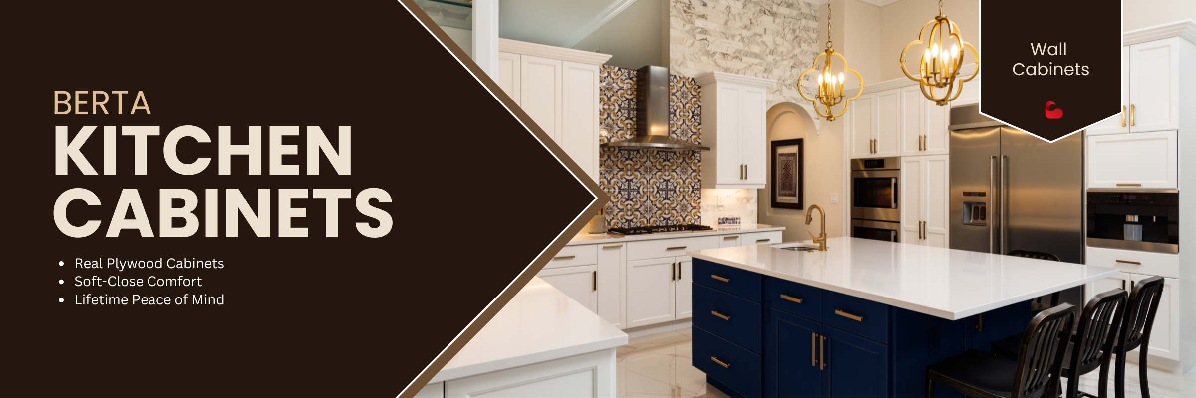 Modern kitchen with Berta kitchen cabinets featuring white wall cabinets, navy island base cabinets, soft-close hardware, and real plywood construction.