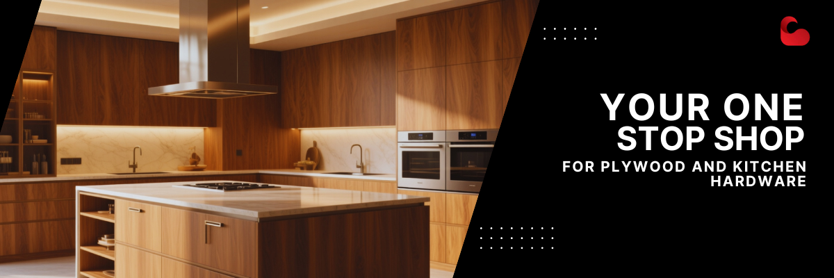Modern kitchen with wooden cabinets and appliances showcasing Berta Store’s premium plywood and kitchen hardware promotion.