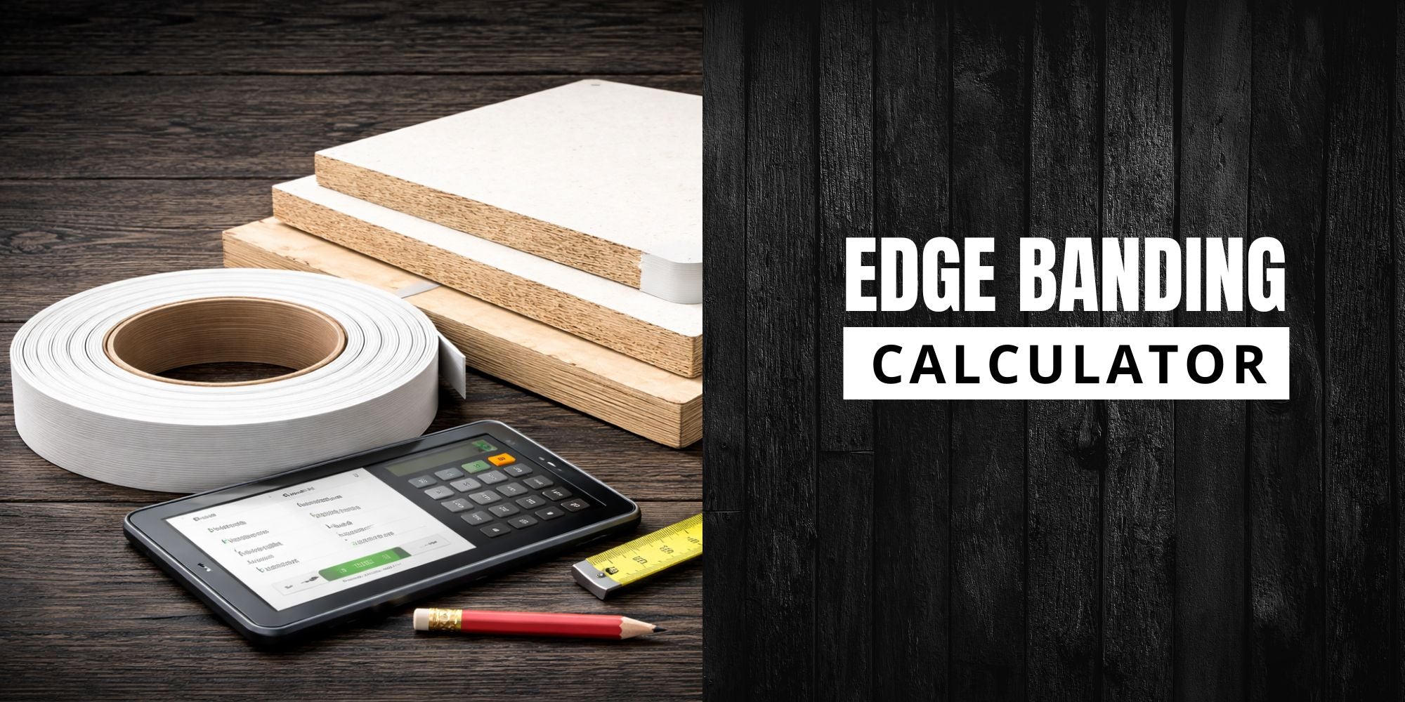 Woodworking tools including a roll of edge banding, wooden planks, a calculator, and a pencil on a wooden surface with 'Edge Banding Calculator' text.