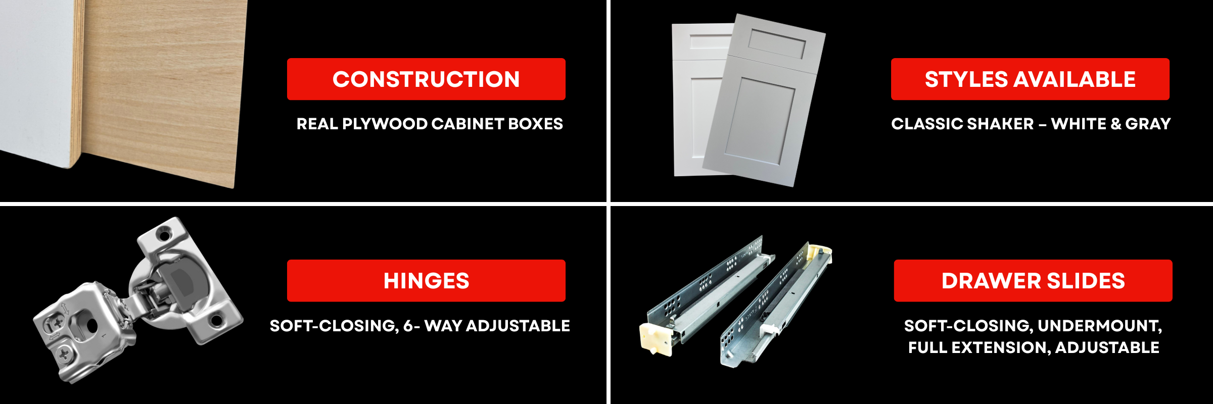 Kitchen cabinet features showing real plywood construction, classic shaker doors in white and gray, soft-close hinges, and full-extension undermount drawer slides – Berta Store.