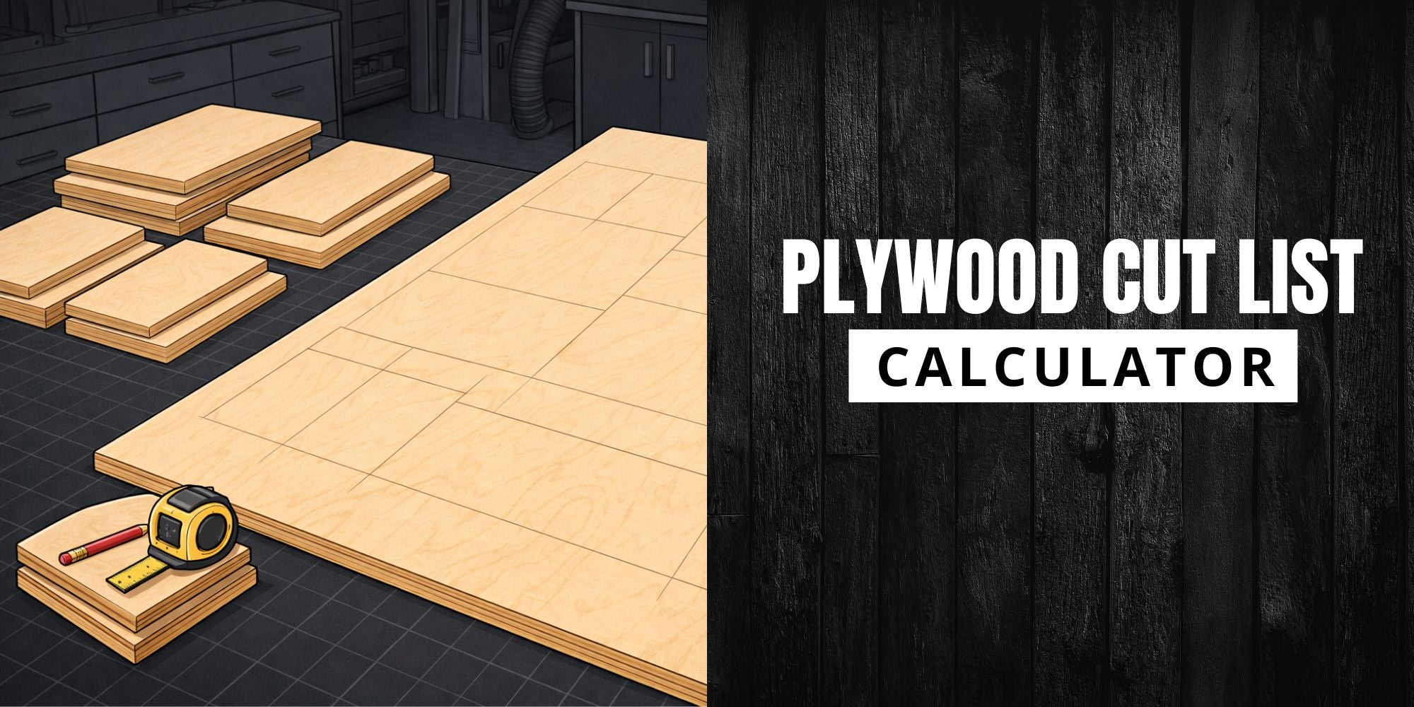 Plywood sheets with a measuring tape on a workshop floor, alongside 'Plywood Cut List Calculator' text.