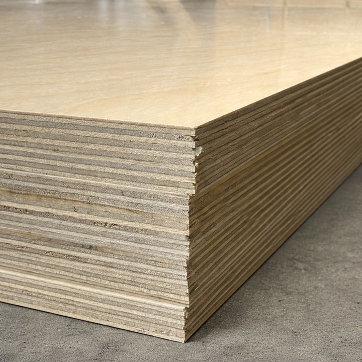 Stack of clear prefinished Baltic birch plywood sheets