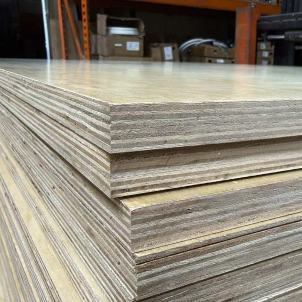 Stack of 3/4 inch Prefinished Plywood 4x8 sheets showing smooth laminated surface and tight, multi-ply birch core layers, ideal for cabinetry and interior projects.