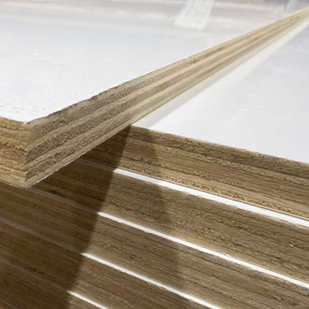 Close-up of Prefinished White Melamine Plywood 4x8 edge showing clean laminate surface and multi-ply poplar core