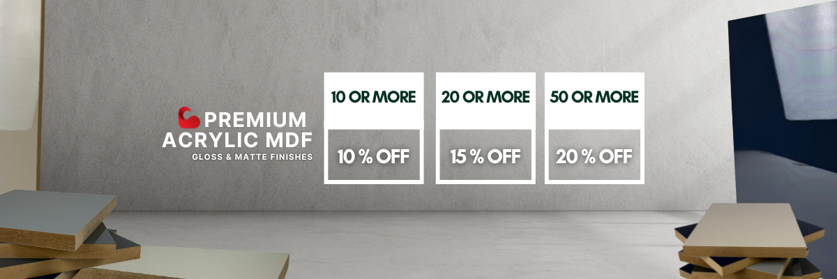Premium Acrylic MDF sheets bulk discount banner by Berta Store showing 10% off for 10 or more, 15% off for 20 or more, and 20% off for 50 or more sheets in gloss and matte finishes.