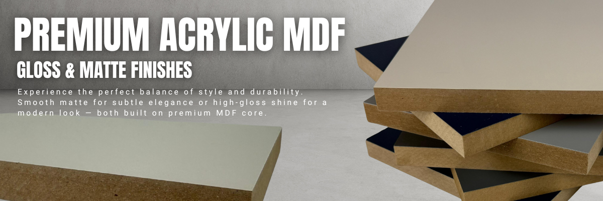 Premium Acrylic MDF panels in gloss and matte finishes stacked on display — smooth surface boards with durable MDF core, available at Berta Store.